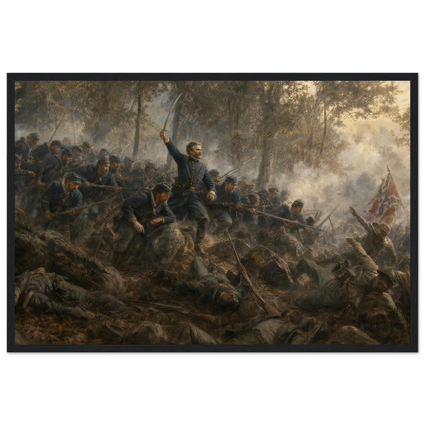 Framed art print of Union infantry charging up a rocky ridge with the colors flying, in a solid wood frame.