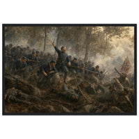 Framed art print of Union infantry charging up a rocky ridge with the colors flying, in a solid wood frame.