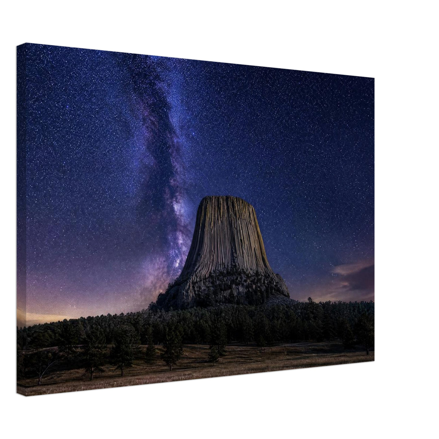 Canvas print of Devils Tower under the Milky Way — room view, ready to hang.