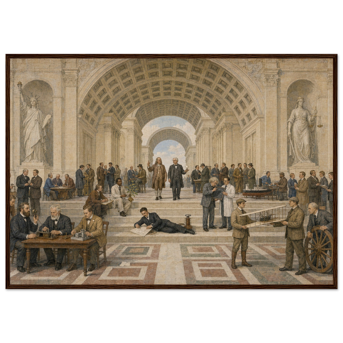 The School of Invention framed print, American inventors in a vaulted hall, in a dark wood frame