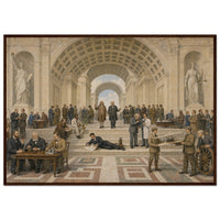 The School of Invention framed print, American inventors in a vaulted hall, in a dark wood frame