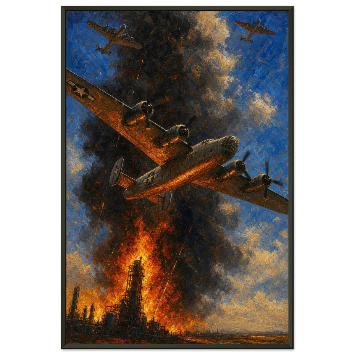 The Column at Ploesti — framed fine art print of B-24 bombers over a burning refinery, 24x36″ in a black frame