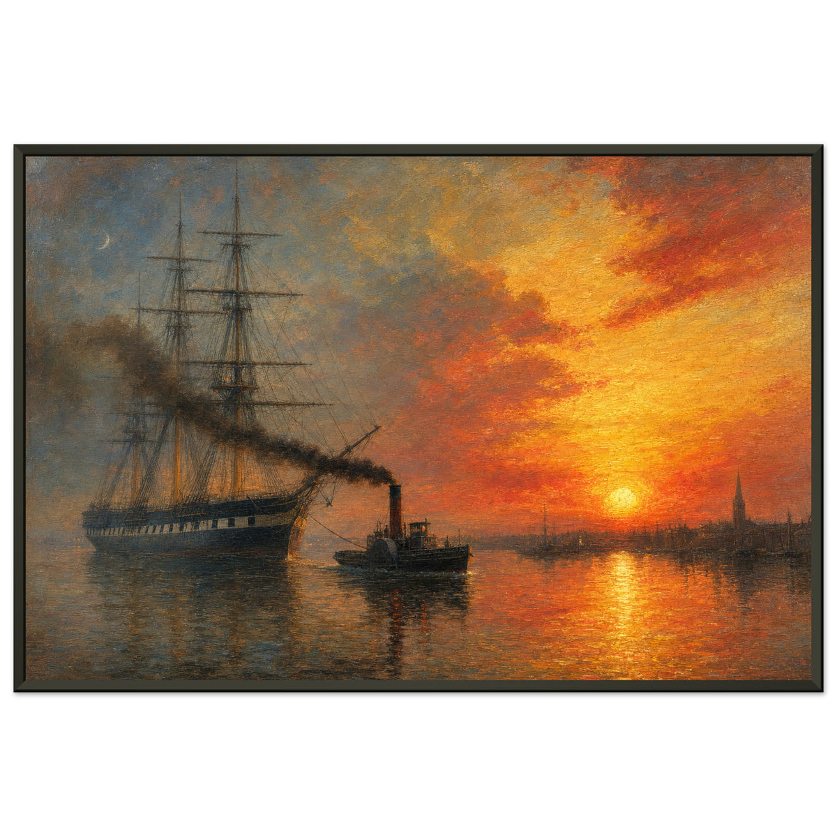 Old Ironsides at Sunset — framed fine art print of a three-masted frigate towed by a small black tug across still water under an orange sunset, in a black frame