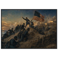 Framed panoramic art print of soldiers advancing through smoke and fire on the battlefield, in a solid wood frame.