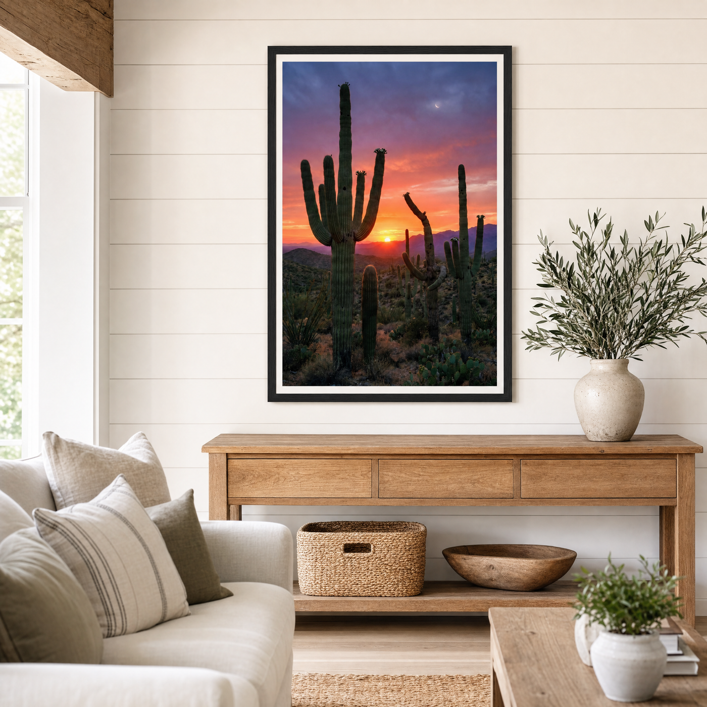 Desert Gold framed print, matte black frame, 24×36″, shown above an oak console in a modern farmhouse room.