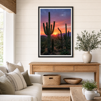 Desert Gold framed print, matte black frame, 24×36″, shown above an oak console in a modern farmhouse room.
