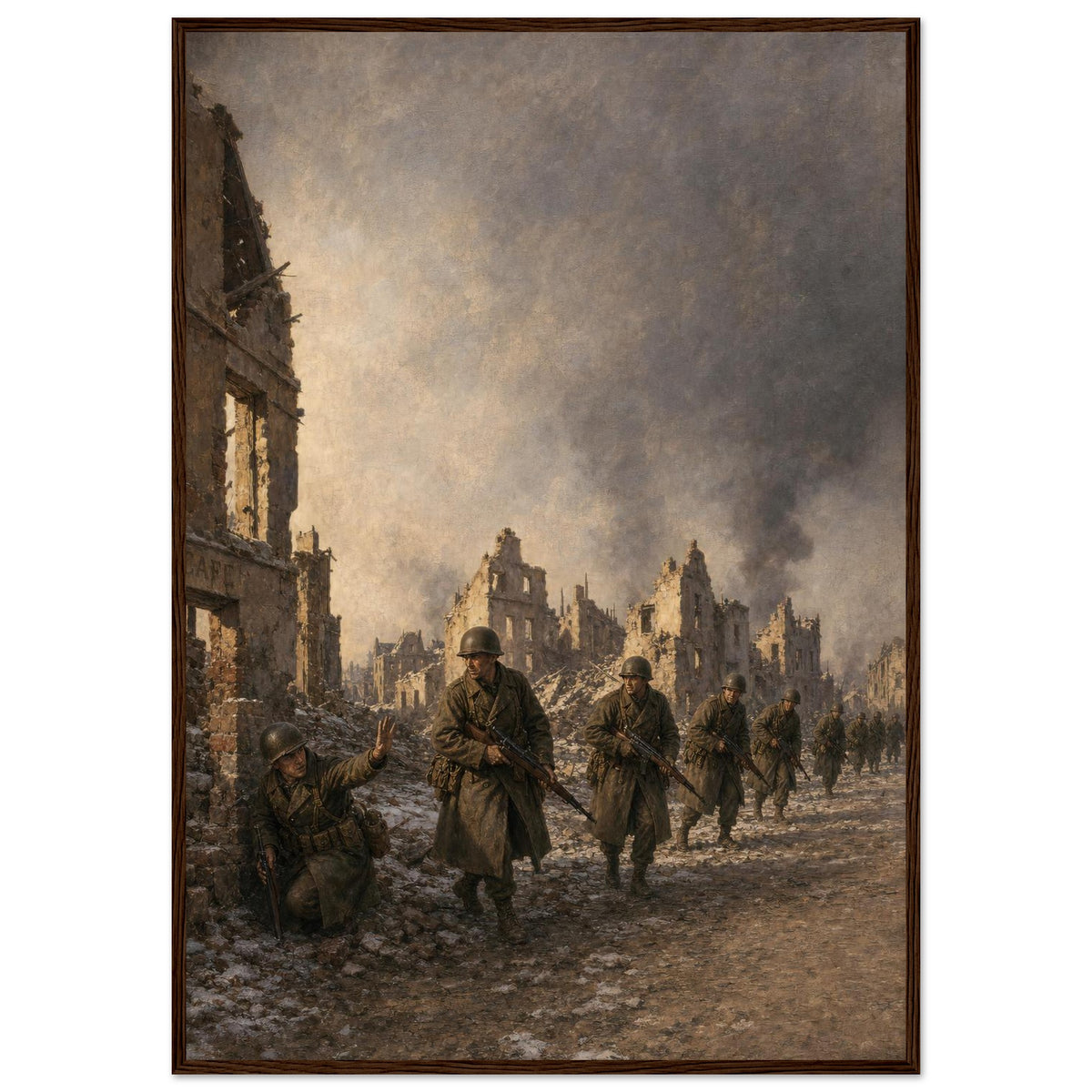Through the Ruined Town — framed fine art print of GIs walking a snowy, bombed-out street, 12x18″ in a dark wood frame