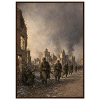 Through the Ruined Town — framed fine art print of GIs walking a snowy, bombed-out street, 12x18″ in a dark wood frame