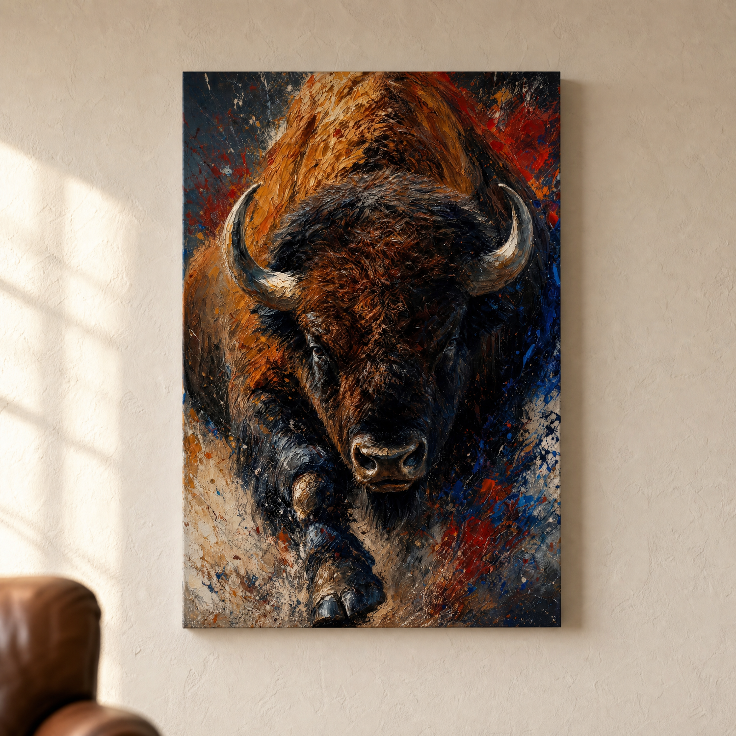 Thunder Run gallery-wrapped canvas hanging on a warm plaster wall — Canvas of America