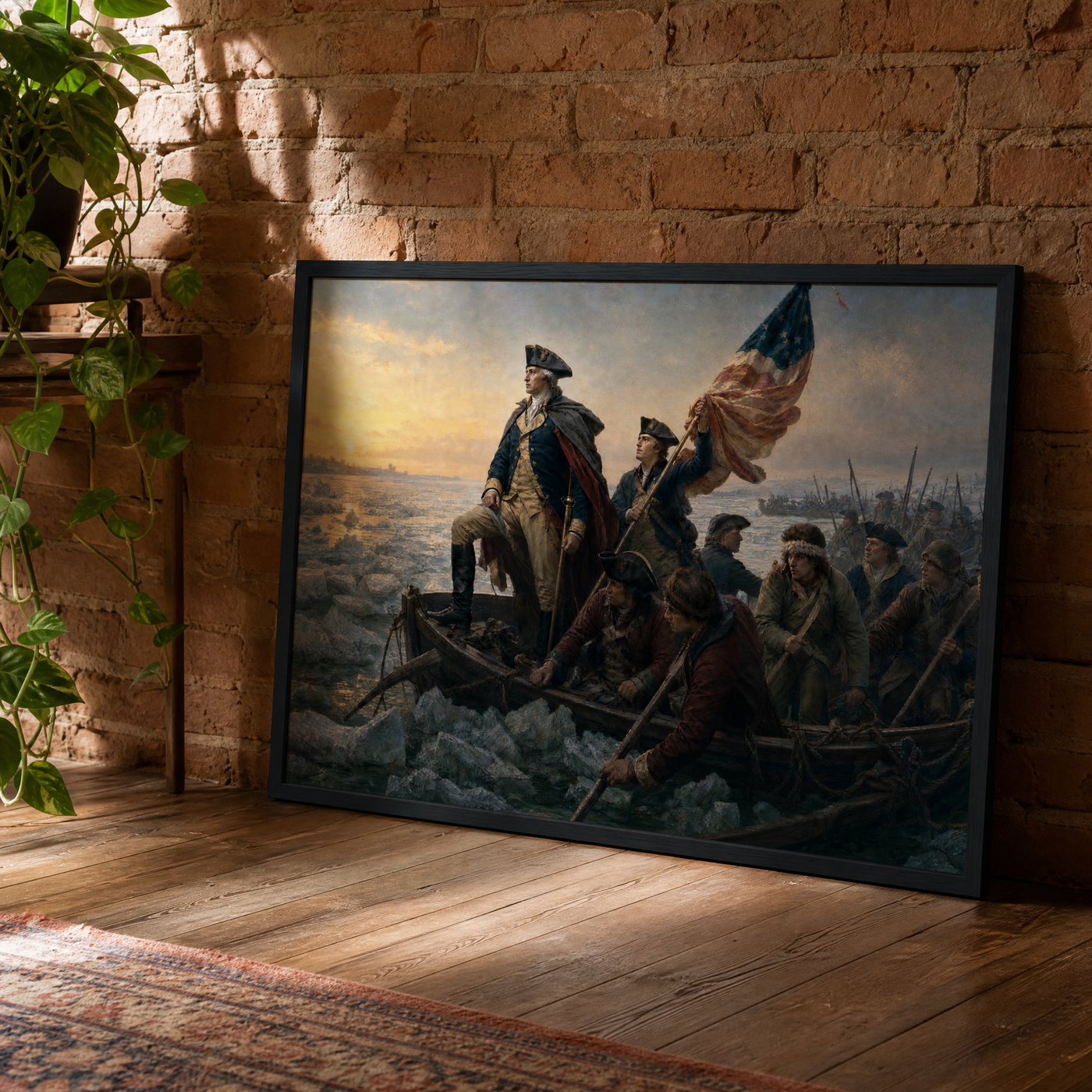 Washington Crossing the Delaware framed print leaning against a brick wall