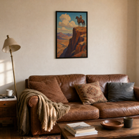 Rider on the Range framed print above a sofa in a lived-in living room