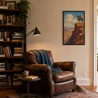 Rider on the Range framed print in a lived-in reading corner