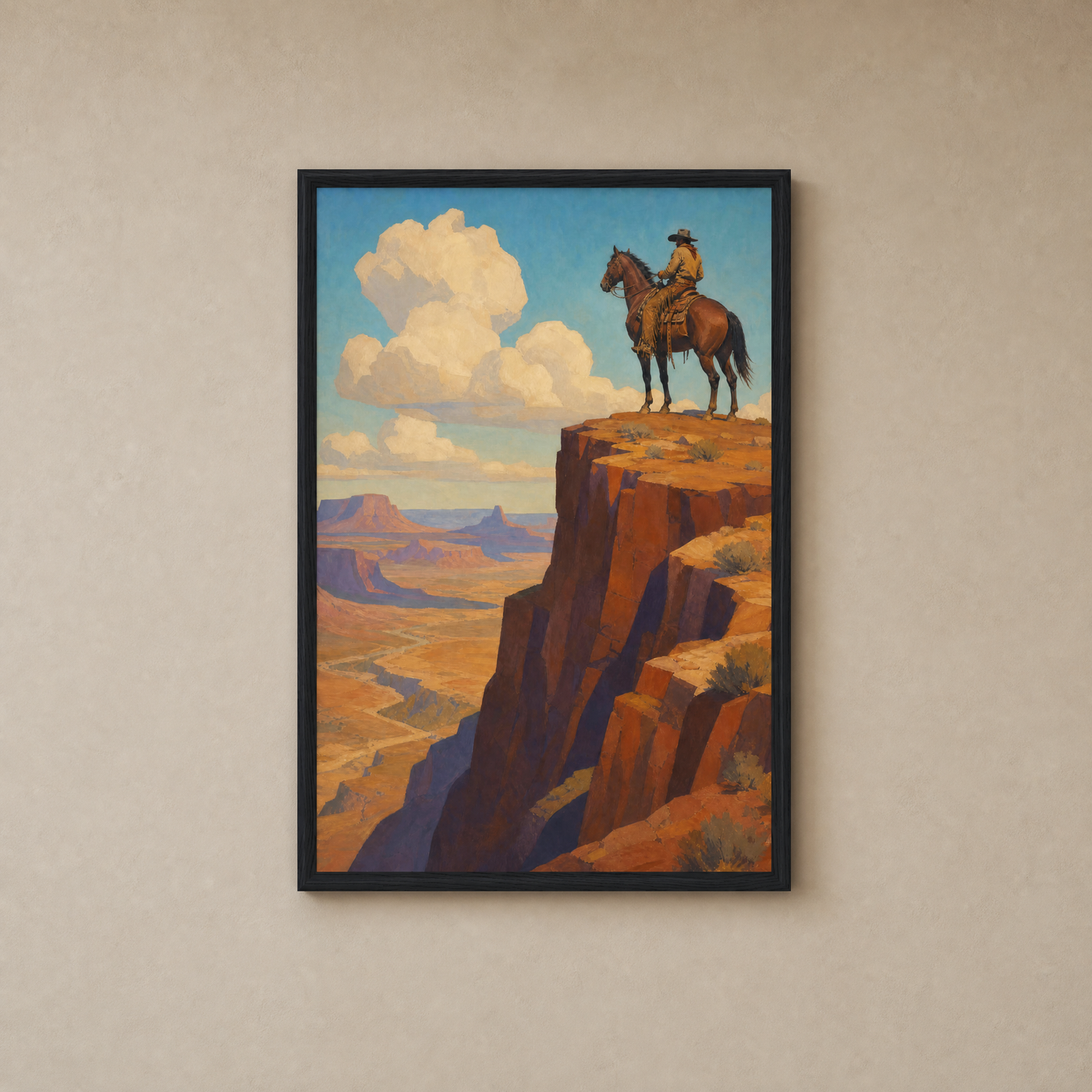 Rider on the Range framed print hanging on wall