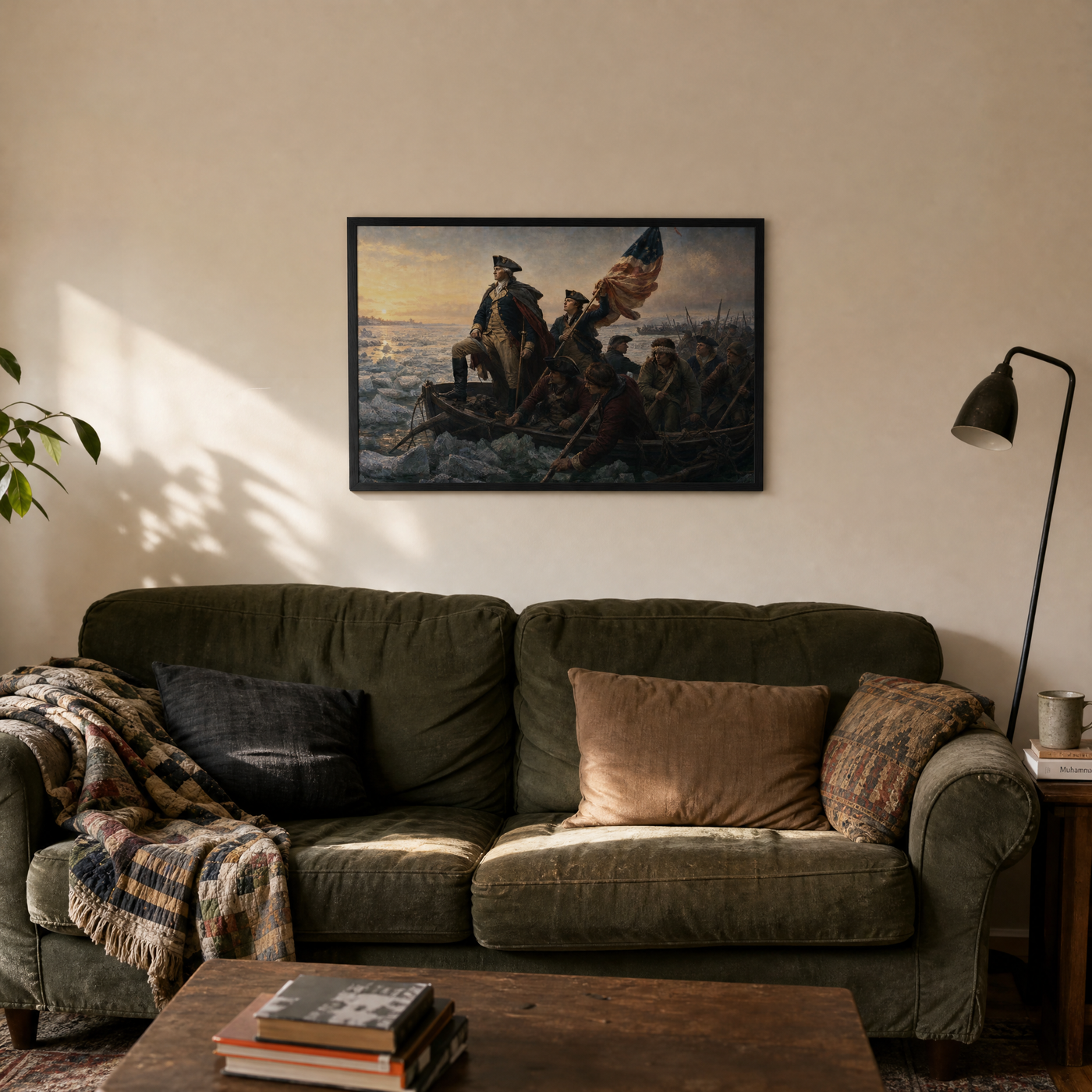 Washington Crossing the Delaware framed print above a sofa in a lived-in living room