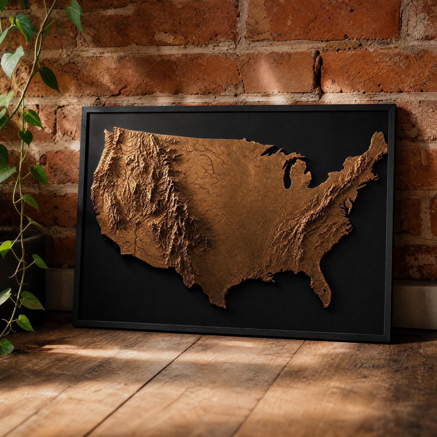 America in Relief map print leaning against an exposed brick wall in a black frame.