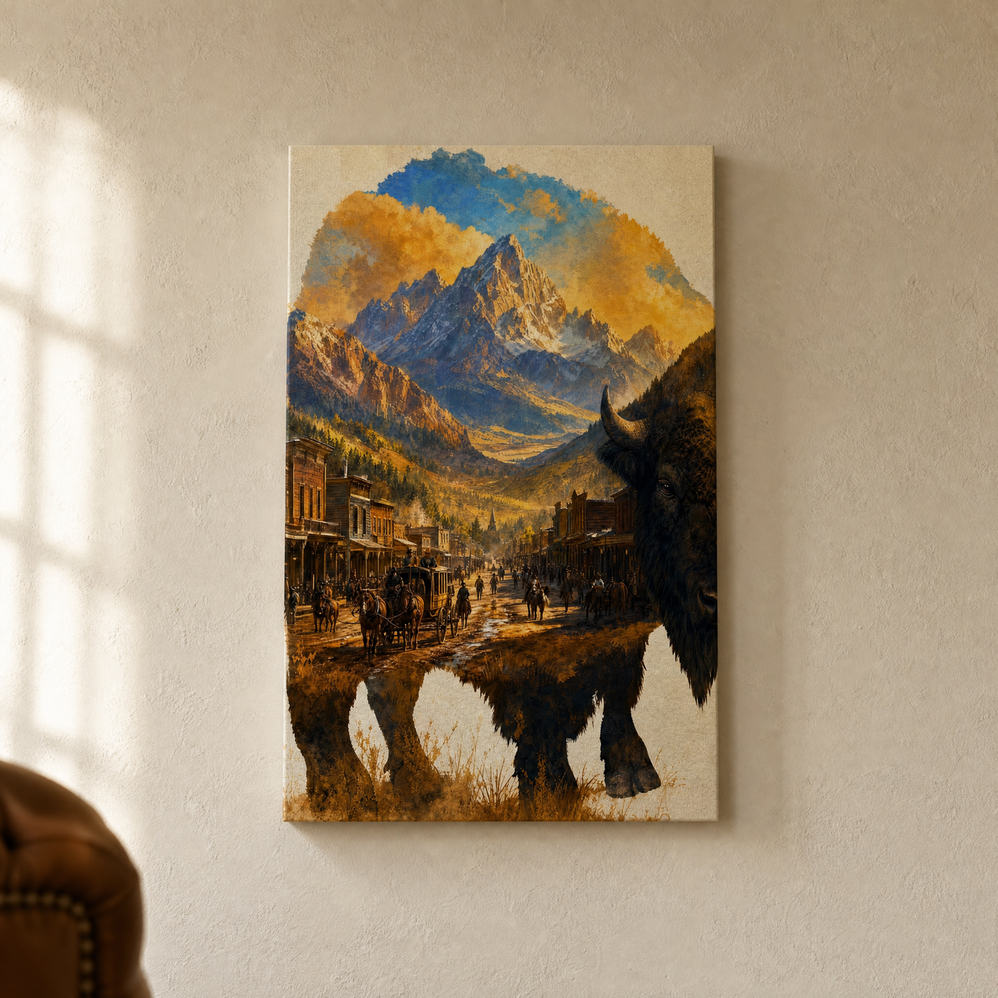 The Frontier gallery-wrapped canvas hanging on a warm plaster wall — Canvas of America
