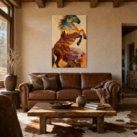 Canyon Stallion canvas above a leather sofa in a ranch-modern living room, shown 28x40″