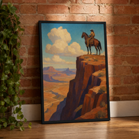 Rider on the Range framed print leaning against a brick wall