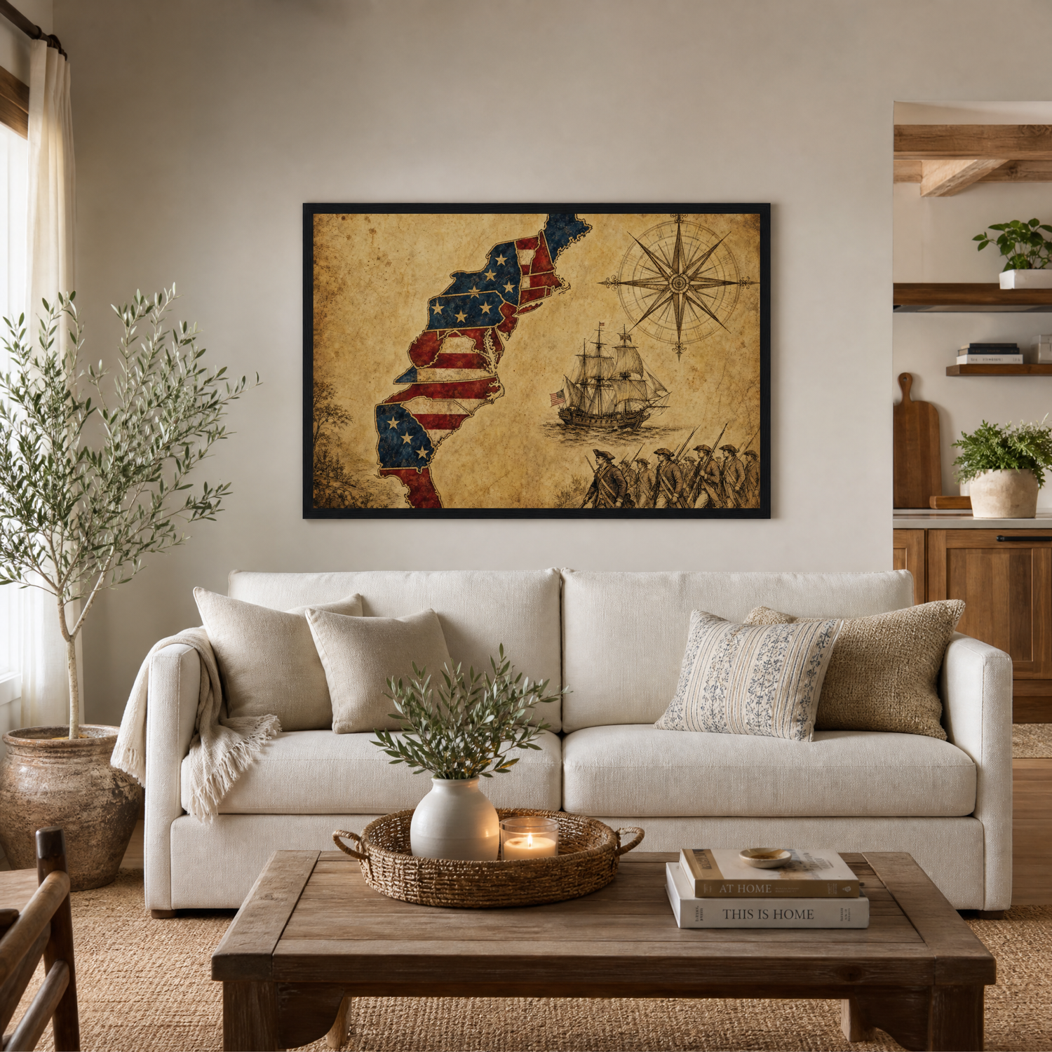 The Thirteen Colonies map print, shown above a linen sofa in a bright transitional living room with an olive tree.