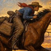 Wild Sunset print detail — Pony Express rider close-up