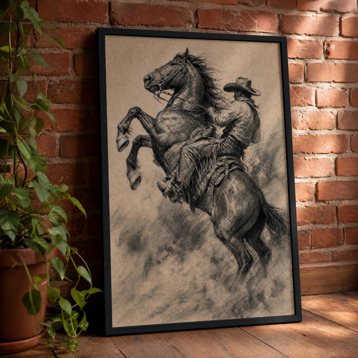 The Rodeo Rider framed print leaning against a brick wall
