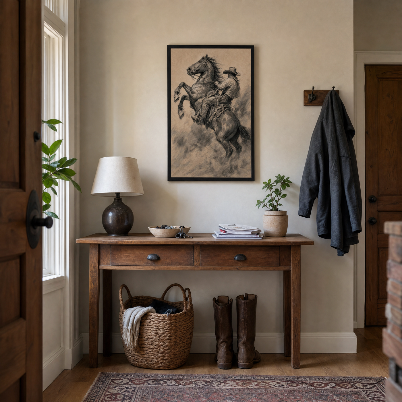 The Rodeo Rider framed print in a lived-in home entryway