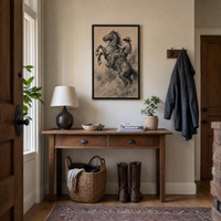The Rodeo Rider framed print in a lived-in home entryway