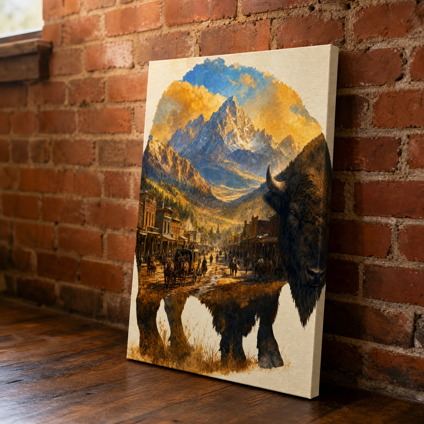 The Frontier canvas leaning against an exposed brick wall — gallery wrap edge visible