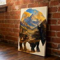 The Frontier canvas leaning against an exposed brick wall — gallery wrap edge visible