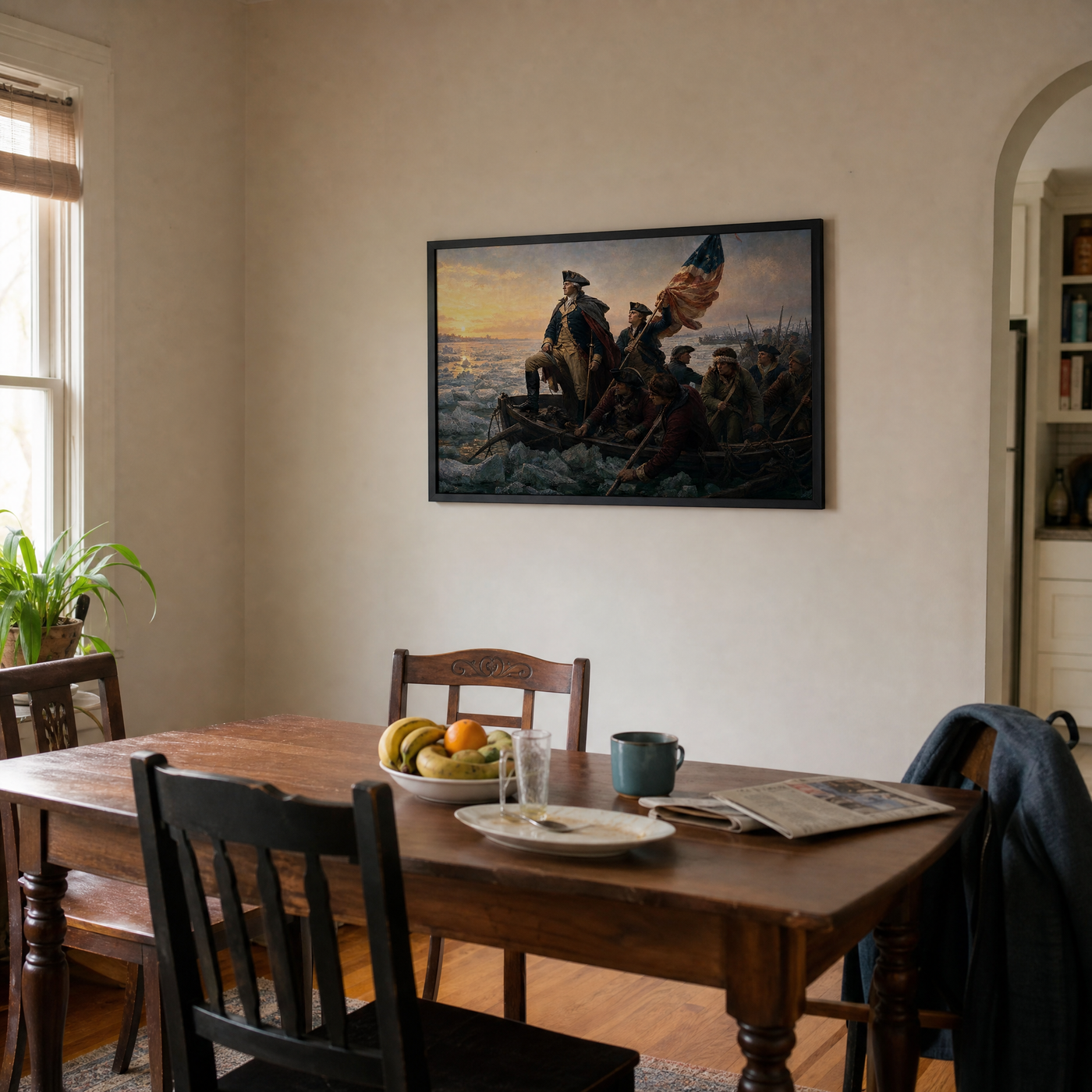 Washington Crossing the Delaware framed print in a lived-in dining room