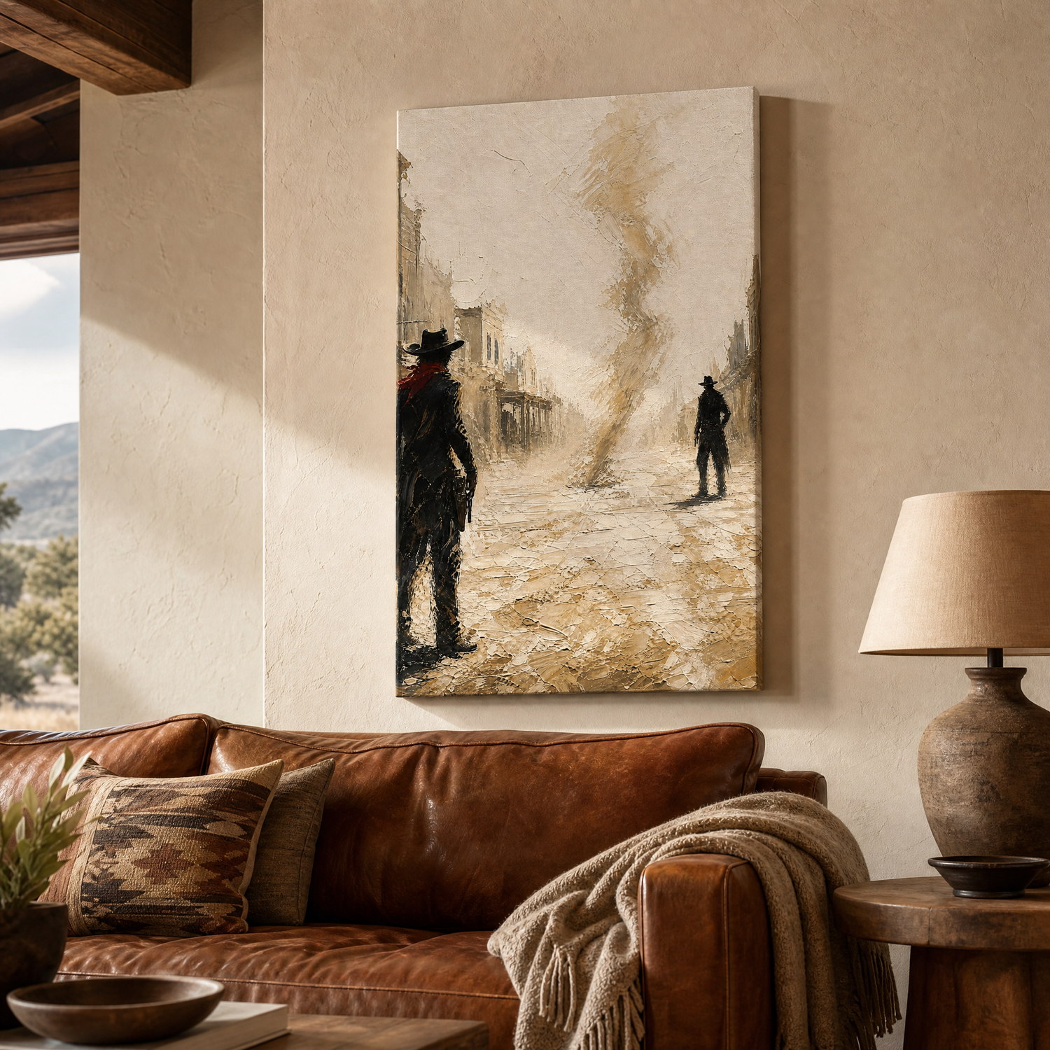The Standoff canvas above a leather sofa in a warm ranch-modern living room, shown 28x40″