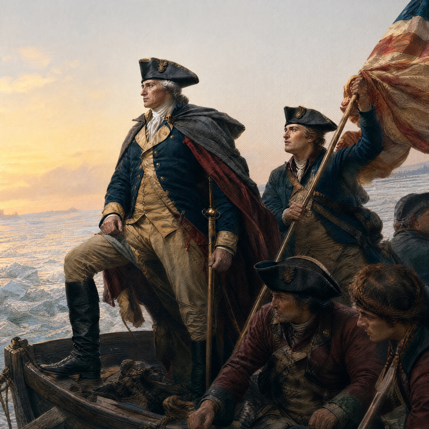 Washington Crossing the Delaware print detail — Washington and flag bearer, flat print surface