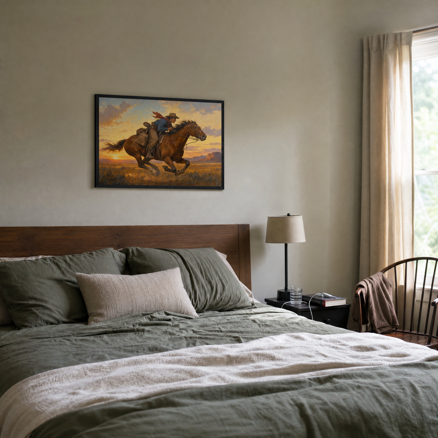 Wild Sunset framed print in a lived-in bedroom