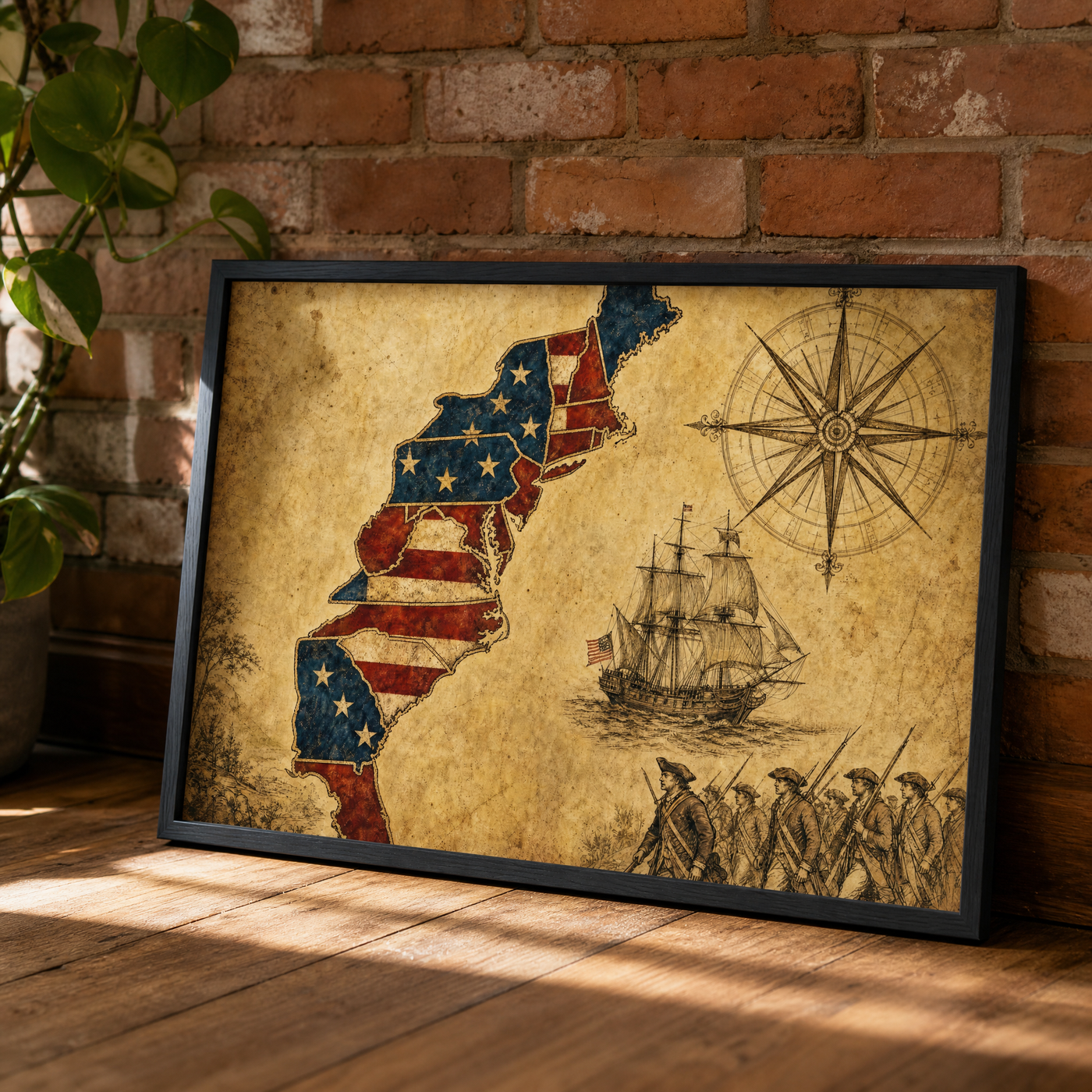 The Thirteen Colonies map print leaning against an exposed brick wall in a black frame.