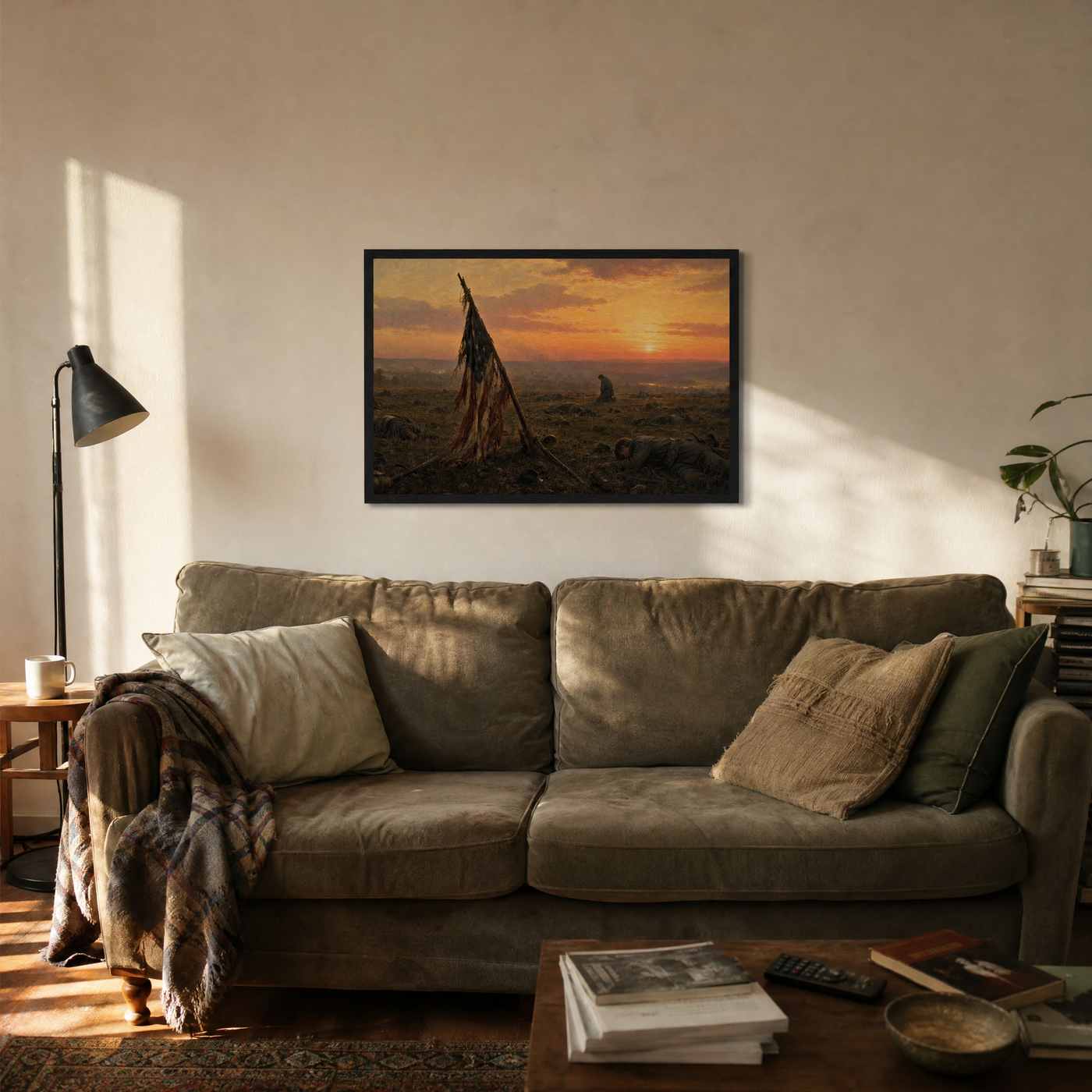 Battlefield at Dusk framed print above a sofa in a lived-in living room