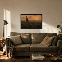 Battlefield at Dusk framed print above a sofa in a lived-in living room