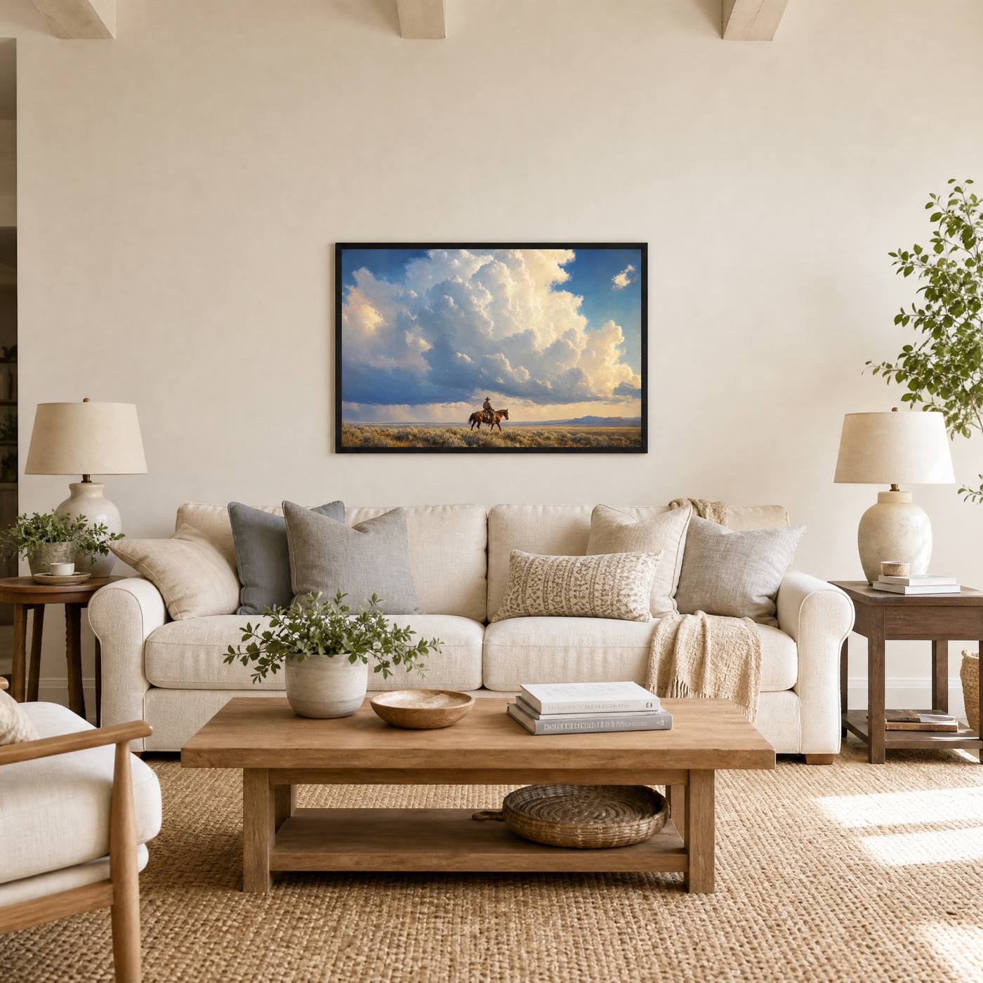 On the Road framed print shown at realistic scale above a linen sofa in a bright transitional living room.