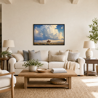 On the Road framed print shown at realistic scale above a linen sofa in a bright transitional living room.