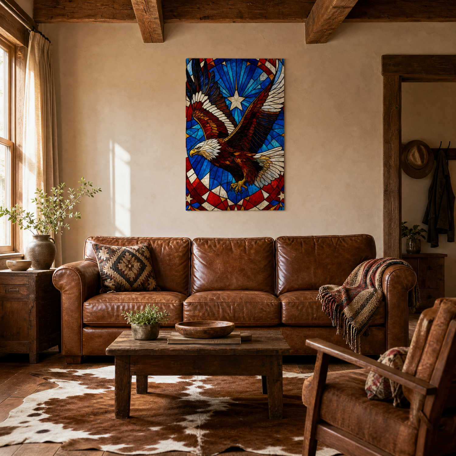 Liberty in Glass canvas above a leather sofa in a ranch-modern living room, shown 28x40″