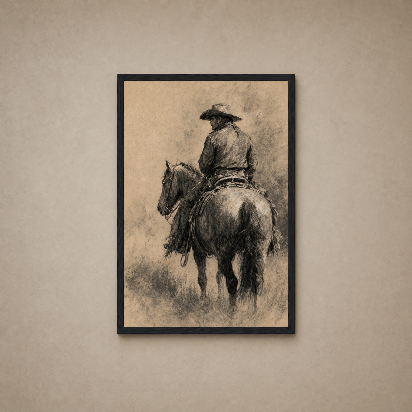 The Cowboy framed charcoal print hanging on wall
