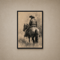 The Cowboy framed charcoal print hanging on wall