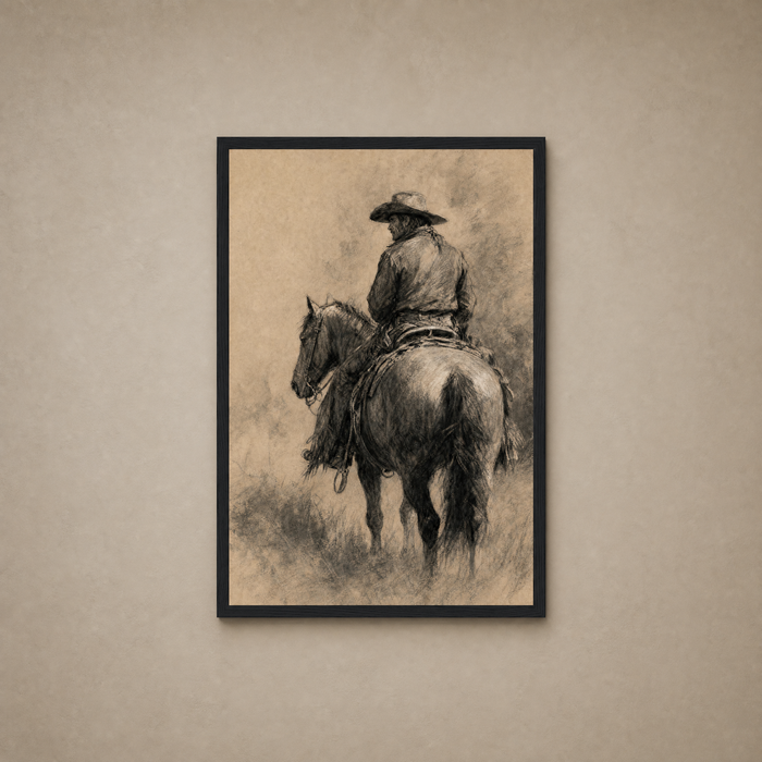 The Cowboy framed charcoal print hanging on wall