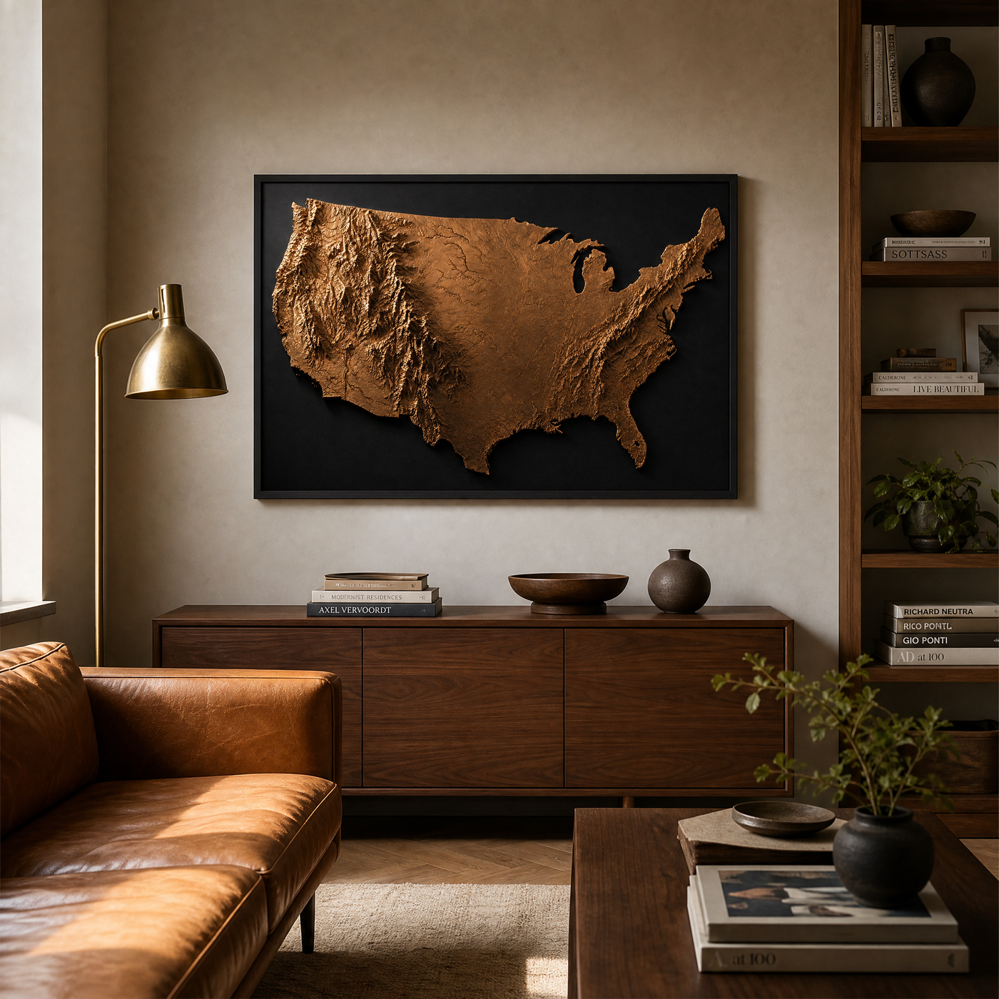 America in Relief map print, 36x24 inch, shown above a leather sofa in a warm modern living room.