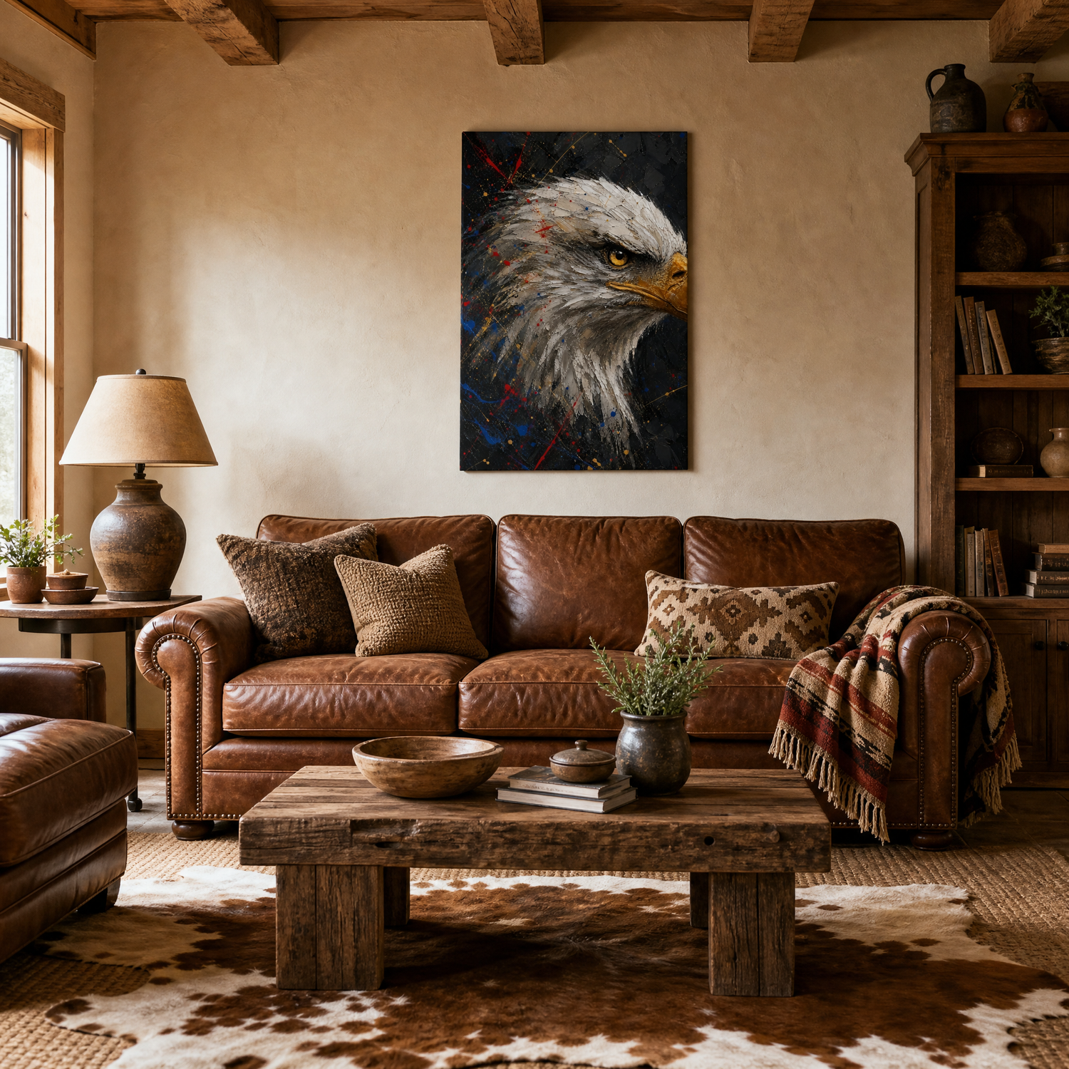 The Sentinel canvas above a leather sofa in a ranch-modern living room, shown 28x40″