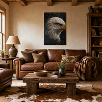 The Sentinel canvas above a leather sofa in a ranch-modern living room, shown 28x40″