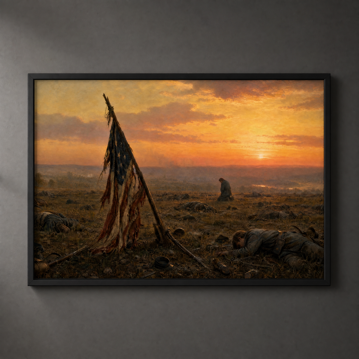 Battlefield at Dusk framed print hanging on wall