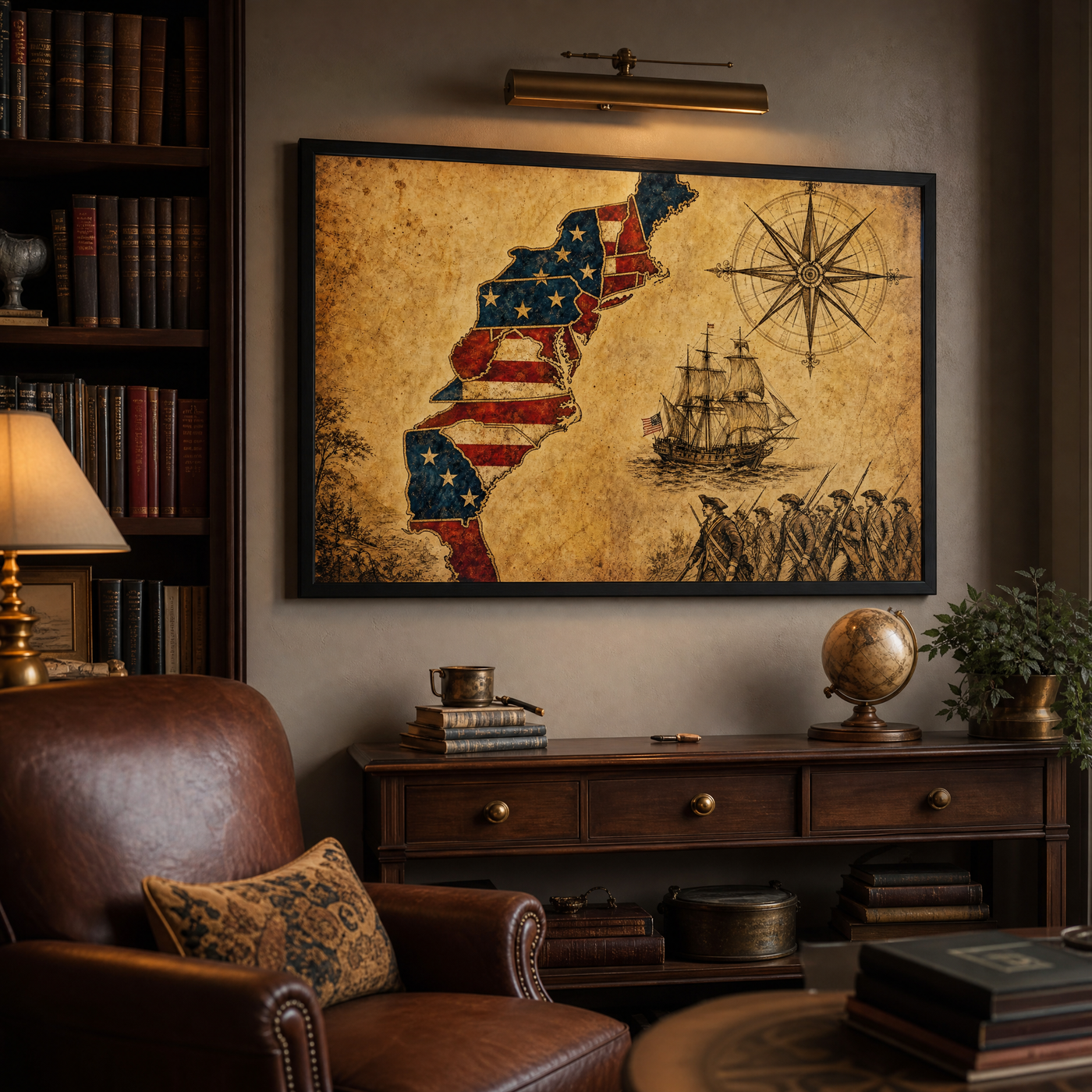 The Thirteen Colonies map print, 36x24 inch, shown above a console in a traditional study with books and a globe.