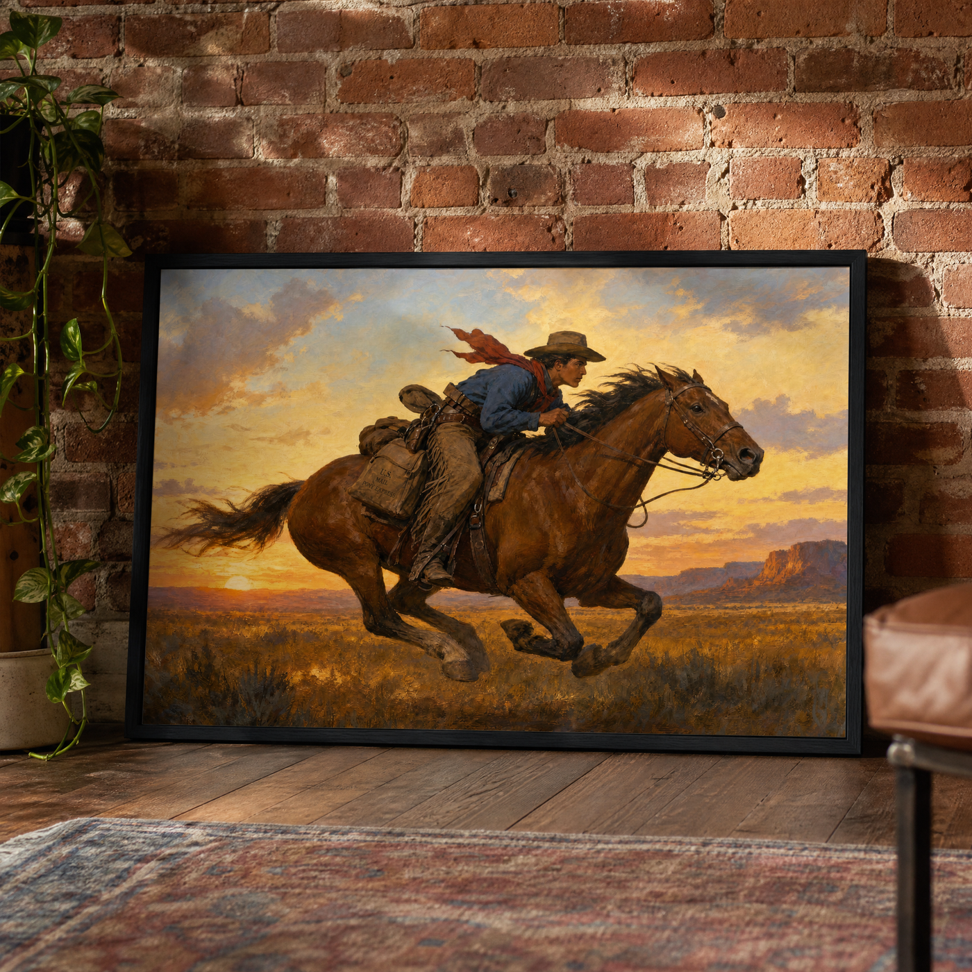 Wild Sunset framed print leaning against a brick wall