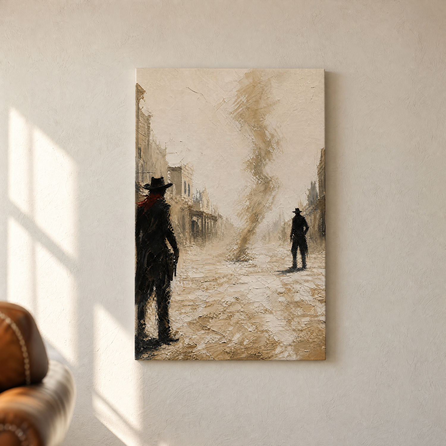 The Standoff gallery-wrapped canvas hanging on a warm plaster wall — Canvas of America