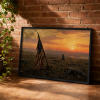 Battlefield at Dusk framed print leaning against a brick wall